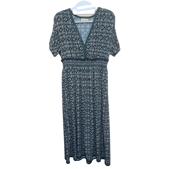 Max Studio Women's Midi Dress V-Neck Large Split Ruched Short Sleeves Navy Green - Picture 1 of 10